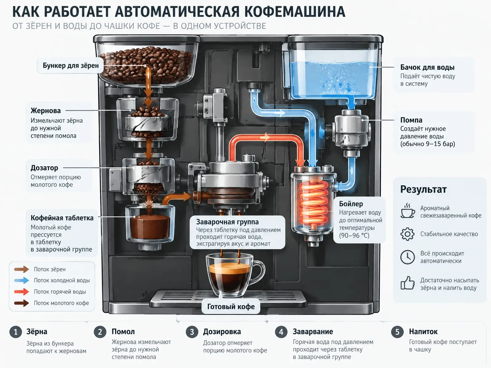 Инфографика устройства автоматической кофемашины с подписями