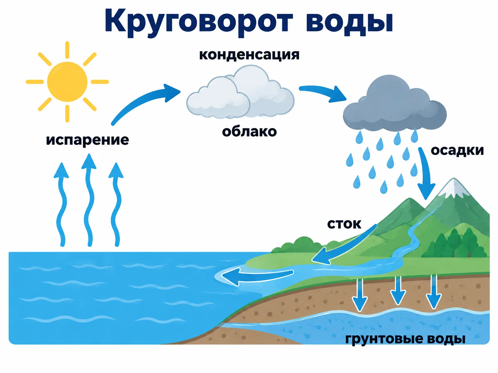 Учебная схема круговорота воды с подписями
