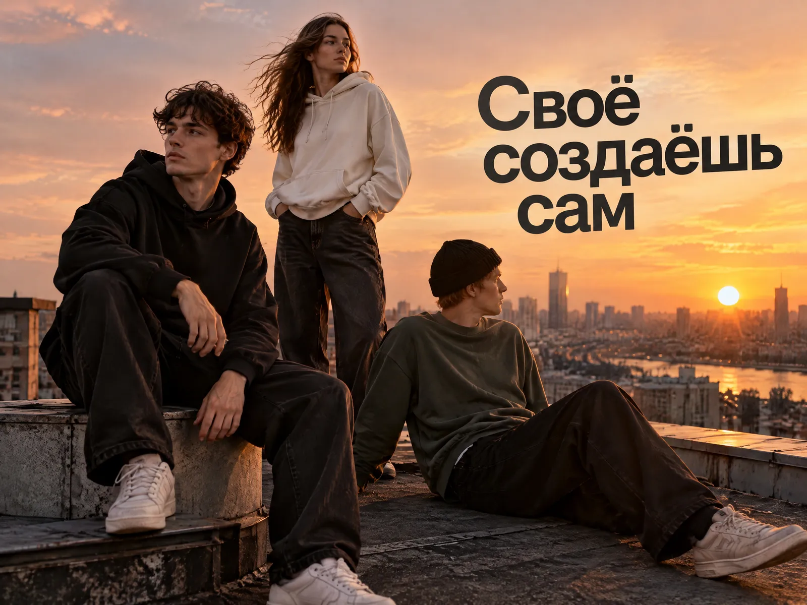 Рекламный кадр с тремя друзьями на крыше и слоганом «Своё создаёшь сам»