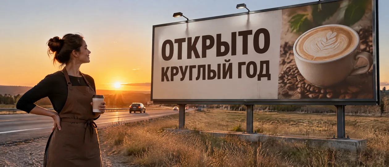 Рекламный щит у шоссе на закате и девушка-бариста рядом