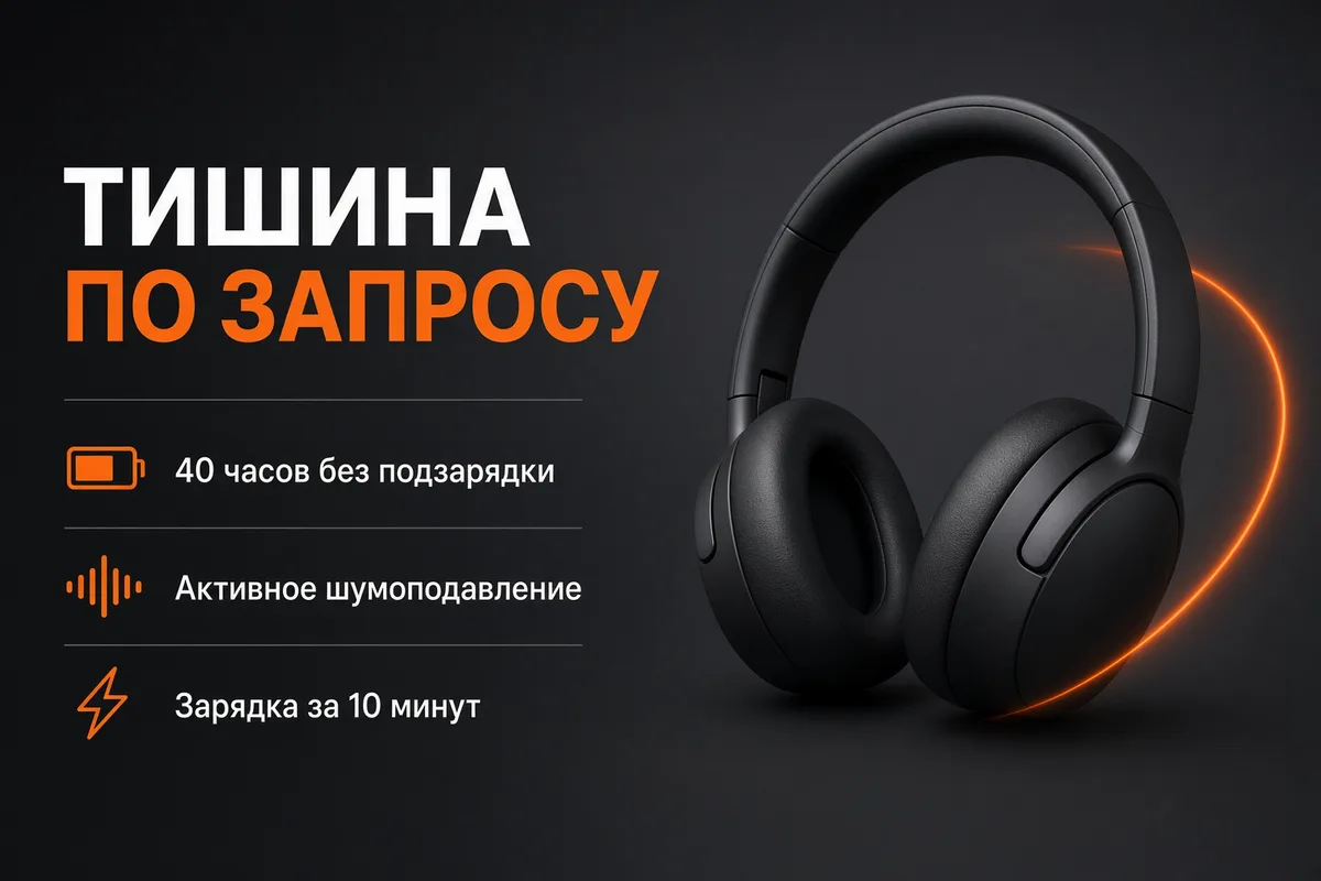 Постер наушников с заголовком «ТИШИНА ПО ЗАПРОСУ» и тремя преимуществами