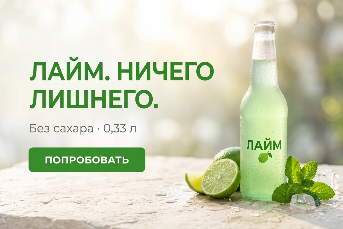 Рекламный баннер лимонада с заголовком «ЛАЙМ. НИЧЕГО ЛИШНЕГО»