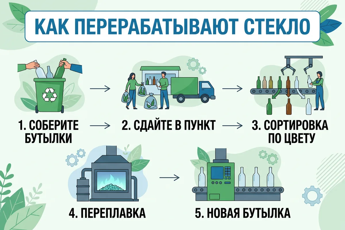 Инфографика «Как перерабатывают стекло» из пяти шагов со стрелками
