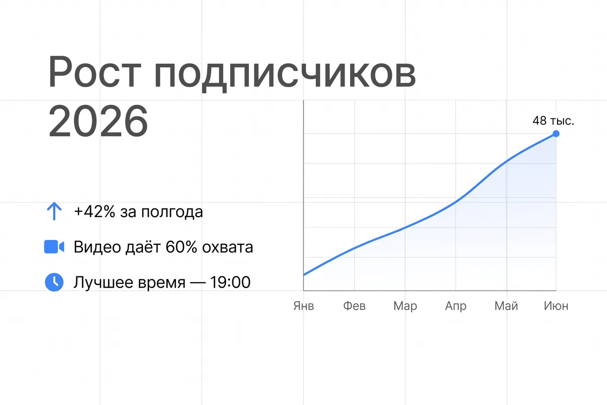 Слайд «Рост подписчиков, 2026» с тремя выводами и графиком по месяцам