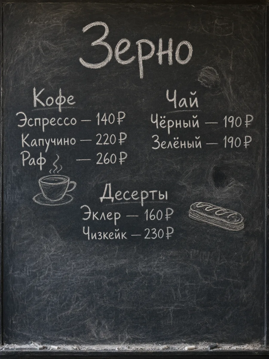 Меню кофейни «Зерно» на меловой доске с тремя разделами и ценами