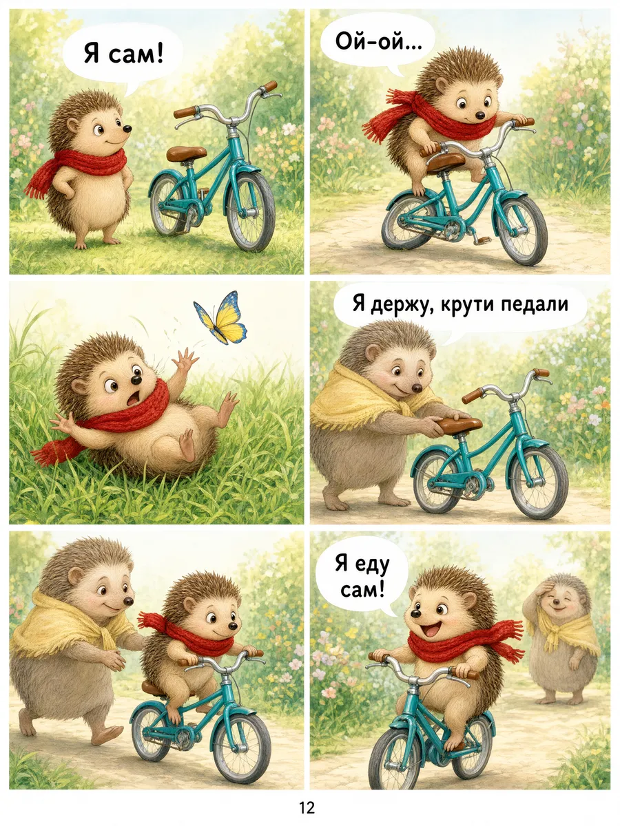 Страница детского комикса из шести панелей про ёжика, который учится кататься на велосипеде
