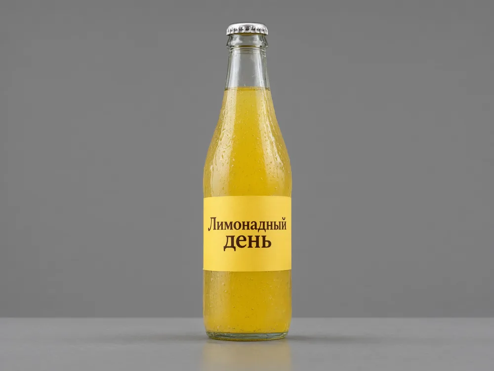 Бутылка лимонада «Лимонадный день» на сером фоне