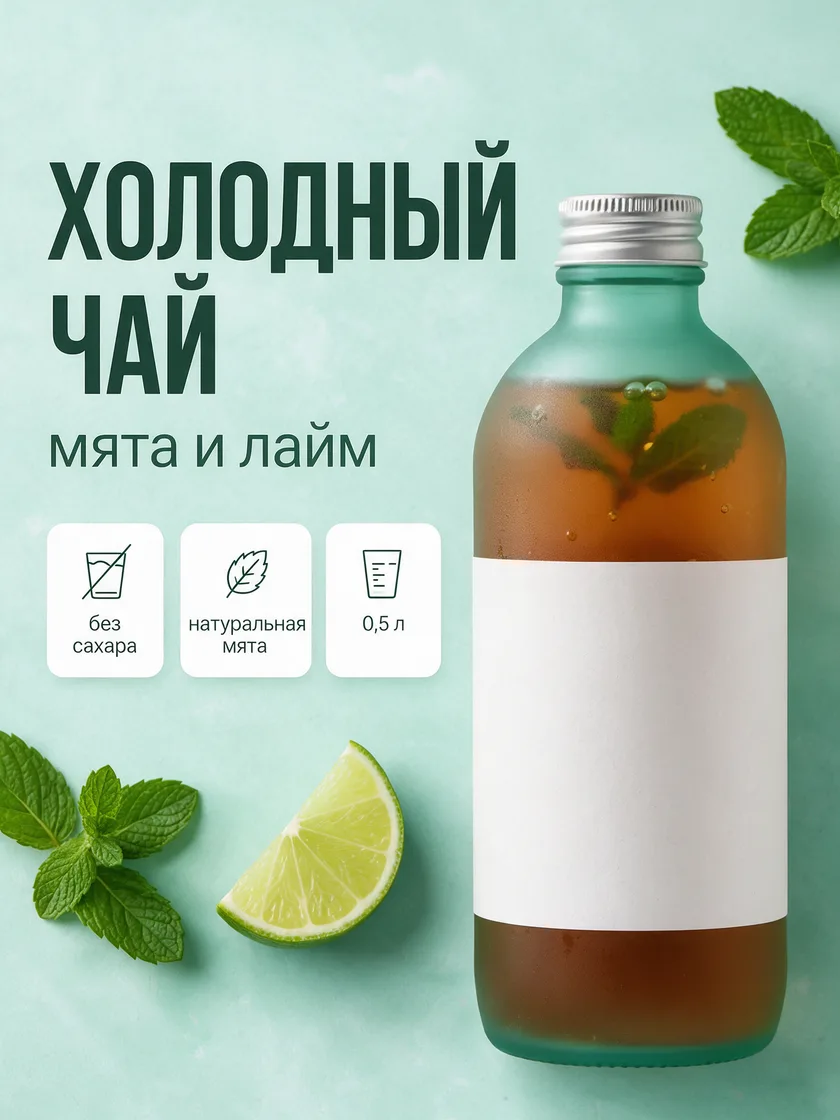 Карточка товара для маркетплейса: бутылка холодного чая и надписи на русском