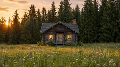 Последний кадр для Veo 3.1: тот же дом летним вечером, в окнах свет
